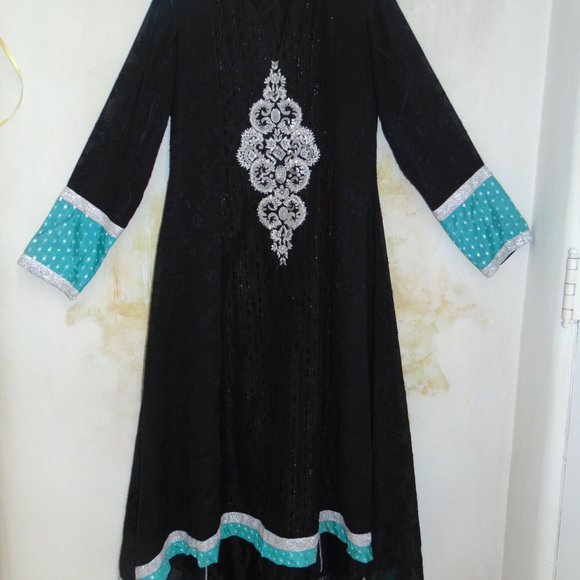 Ashraf Saleem Caftan Dress Long Black Kaftan Silver Embroidery Beads Sz S Hi Low - Picture 3 of 12